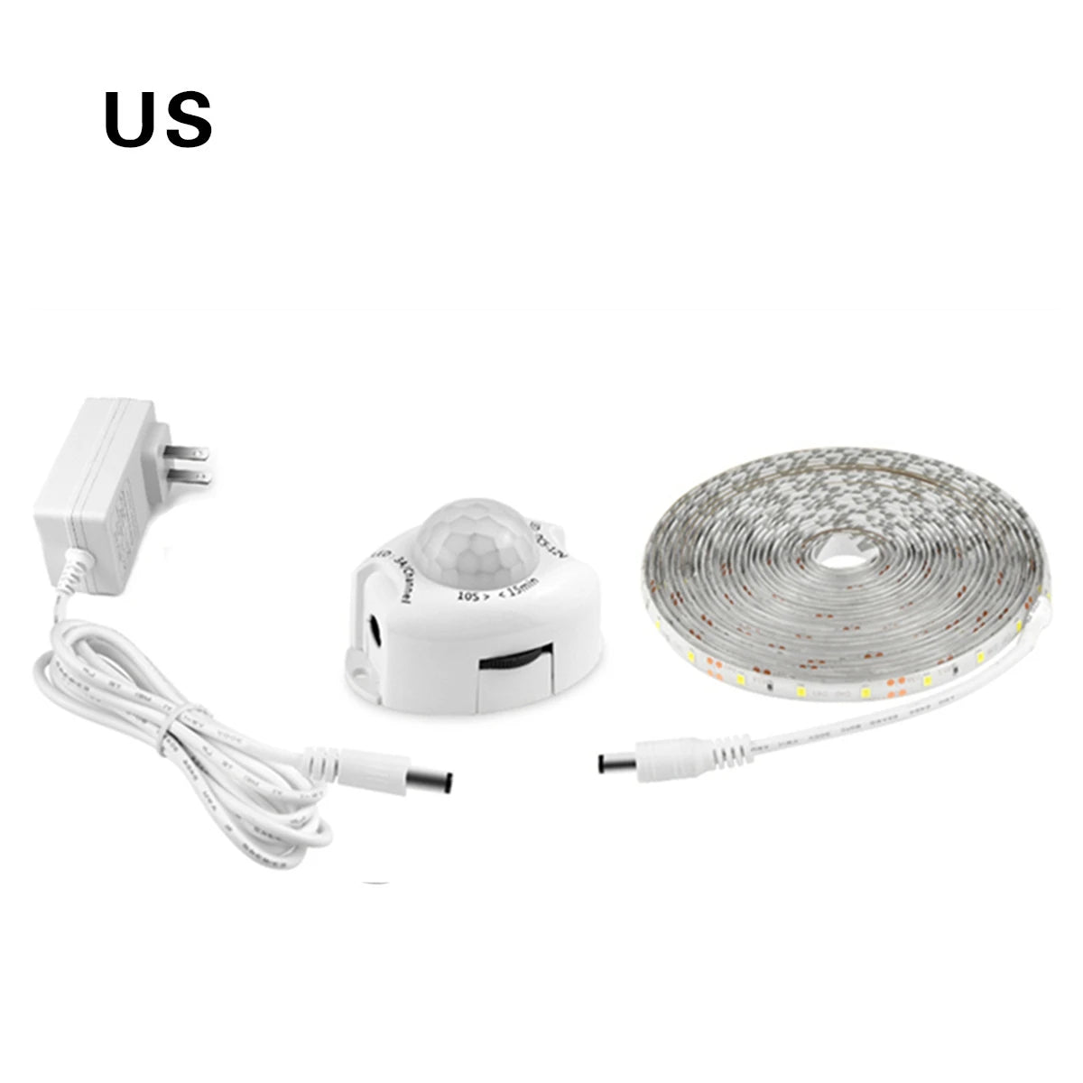 1-5m PIR Motion Sensor LED Strip Lights DC 12V Diode Tape Waterproof Auto On/Off Stairs Wardrobe Closet Kitchen Backlight Light Oasis Select 1 set With US plug Wihte 1m
