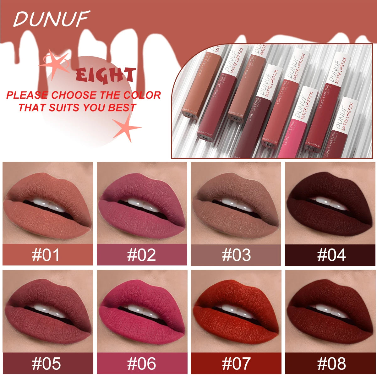Long-Lasting Lip Gloss Lipstick 8pcs/set: Matte Non-Stick Cup Waterproof Nude Deep Red Mauve Christmas And Valentine's Day Gifts Oasis Select