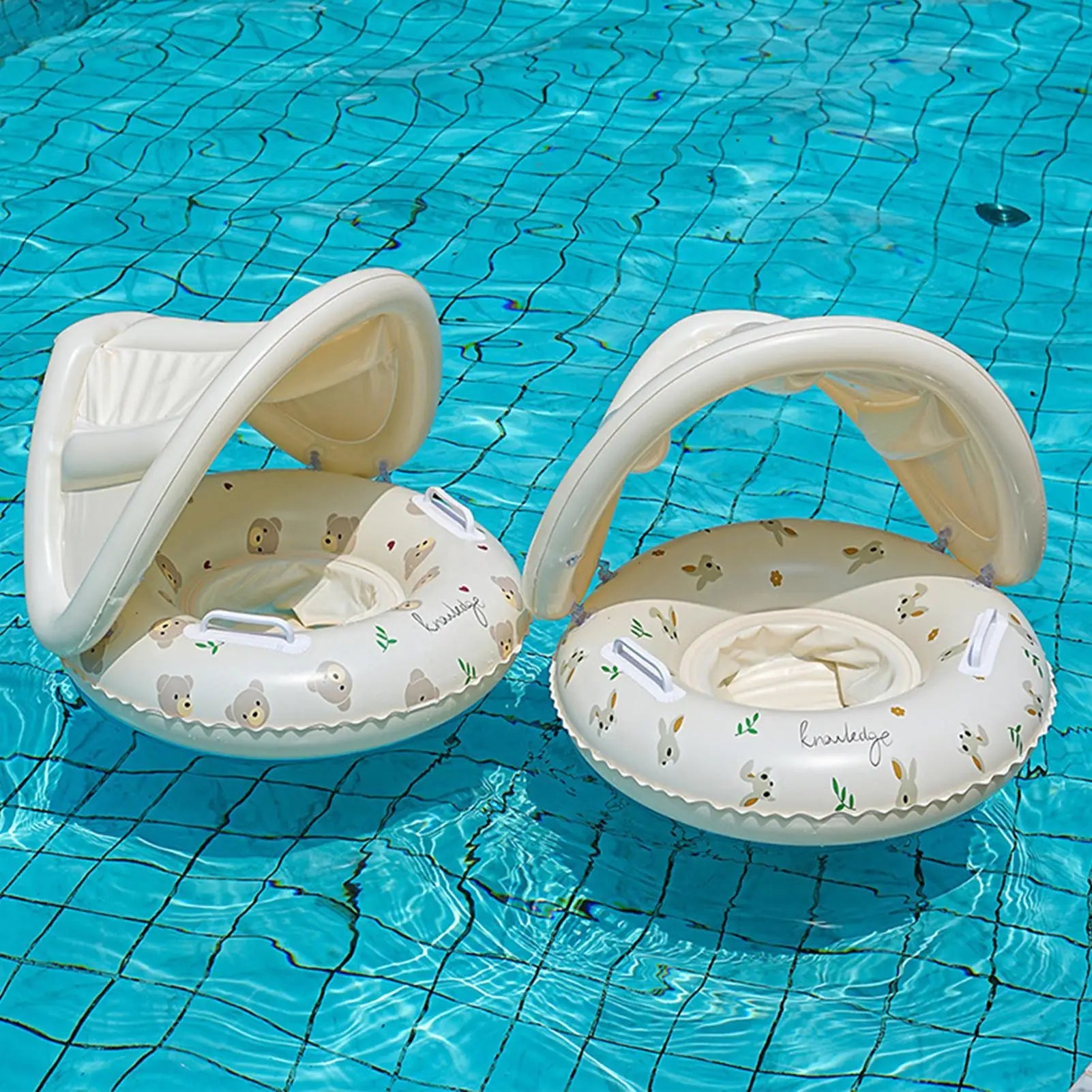 Baby swimming ring with sunshade inflatable baby pool float mat cute retro thickened seat ring detachable sunshade seat ring Oasis Select