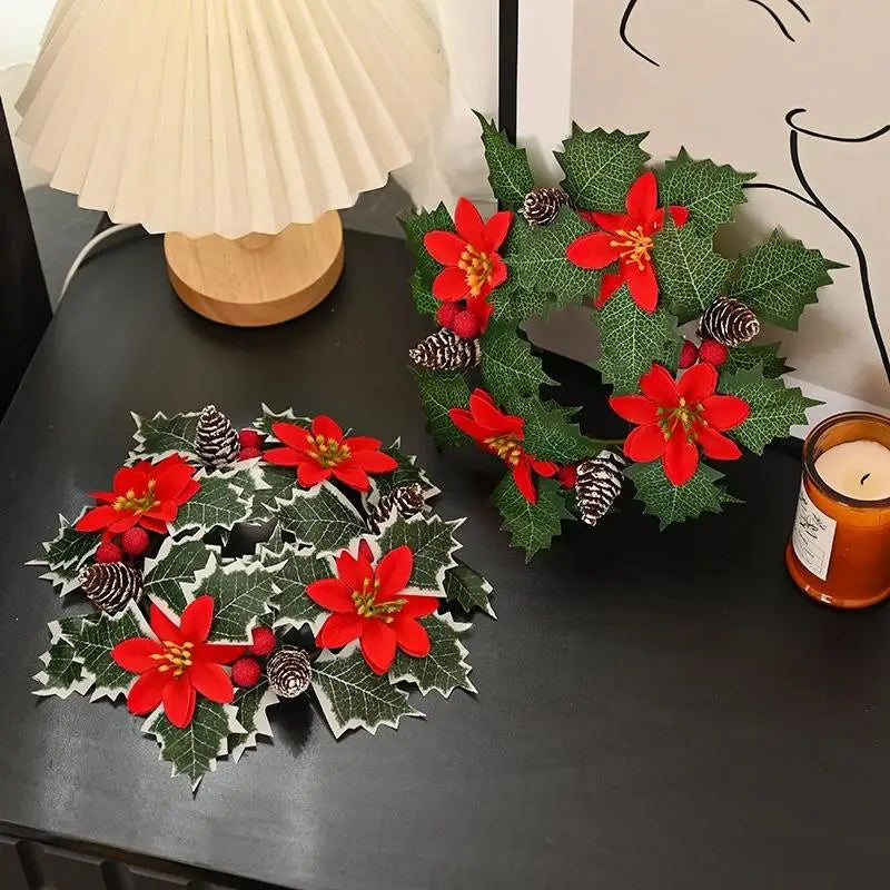 Christmas Candlestick Wreath Artificial Flowers Candle Ring Xmas New Year Table Decoration Candle Holder Garland Oasis Select