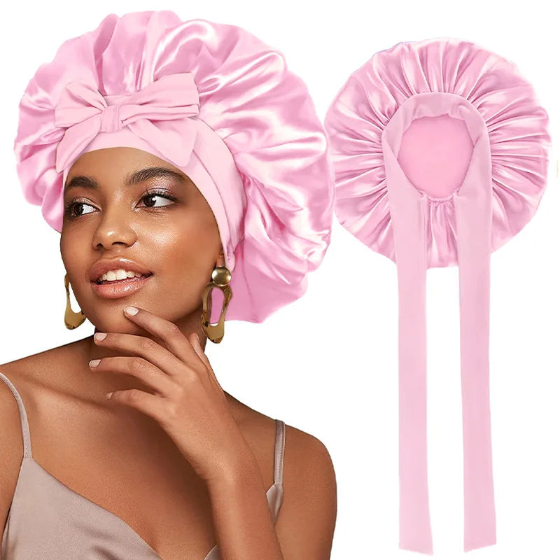 Elastic Ribbon Solid Color Shower Cap Wide Edge Round Bathing Hat Multifunctional For Sleeping Nightcap Knotted Headband Headsca Oasis Select black