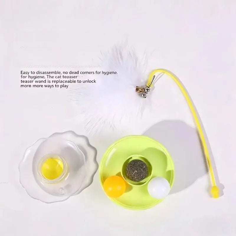 Multifunctional Rotating Turntable Cat Tumbler Toy Built-in Catnip Ball & Teaser Wand for Indoor Kitten Entertainment Oasis Select
