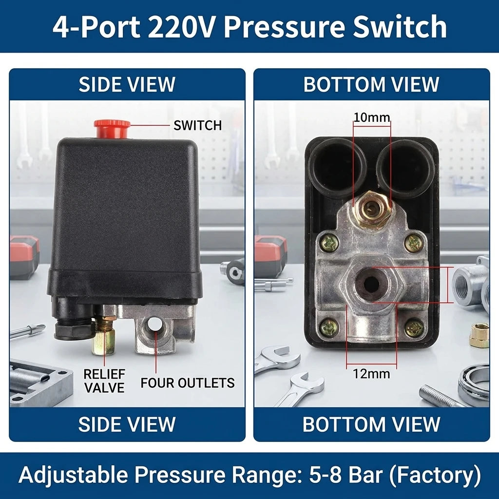4Port Manifold Electric Air Compressor Pressure Switch 90-120psi Automatic Tool Accessory for Air Compressors Oasis Select