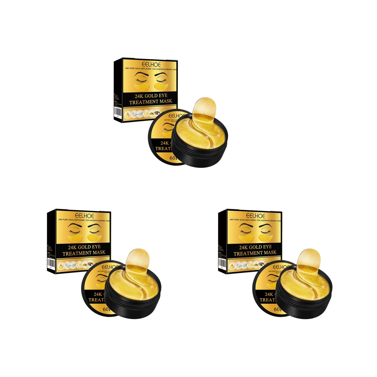 24K Gold Eye Treatment Mask Remove Dark Eye Circles Firming Fade Fine Lines Anti-Aging Hyaluronic Acid Collagen Under Eye Mask Oasis Select 3 x 60Pcs Boxed