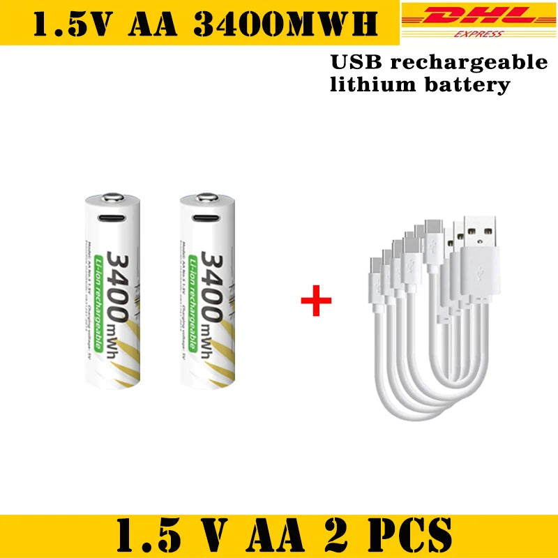 AAA and AA Rechargeable Batteries USB Lithium-ion 3400mWh 1.5V AA Rechargeable Batteries+800mWh 1.5V AAA Battery+ Type-C Cable Oasis Select 1.5V AA 2pcs-Cable