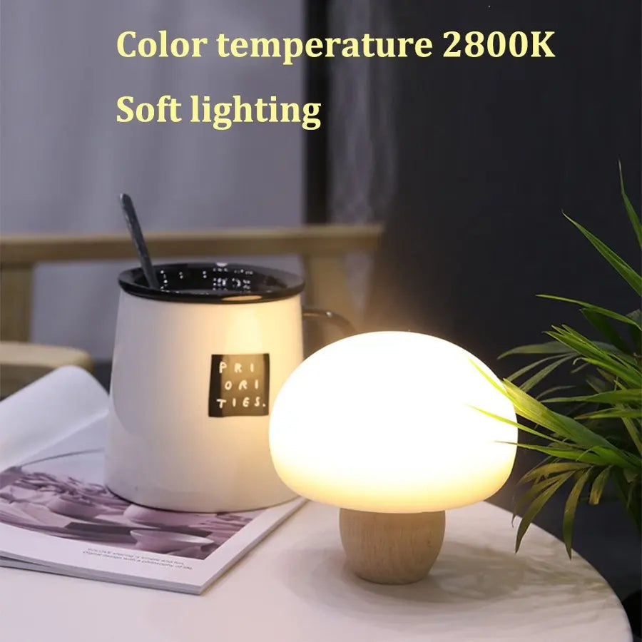LED Mushroom Night Light | Dimmable Touch Lamp & Wood Base