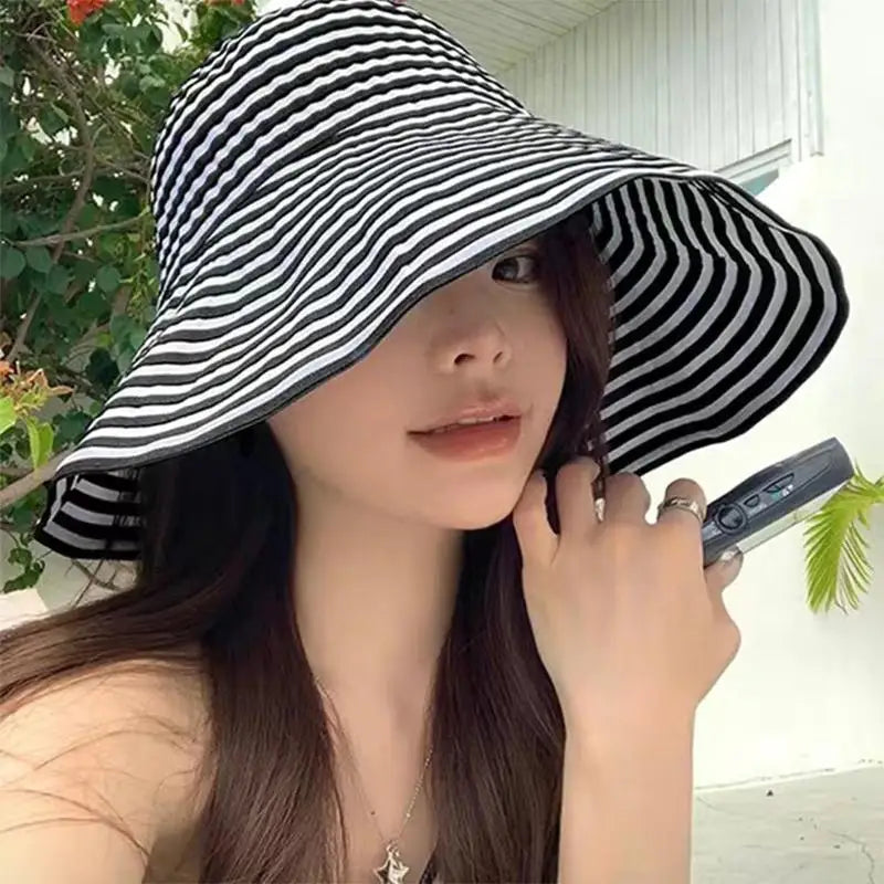 Striped Wide Brim Sun Hat Fisherman Cap Lightweight Summer Sun Hat for Women Color-block Striped Fisherman Hat for Beach Journey Oasis Select one size B