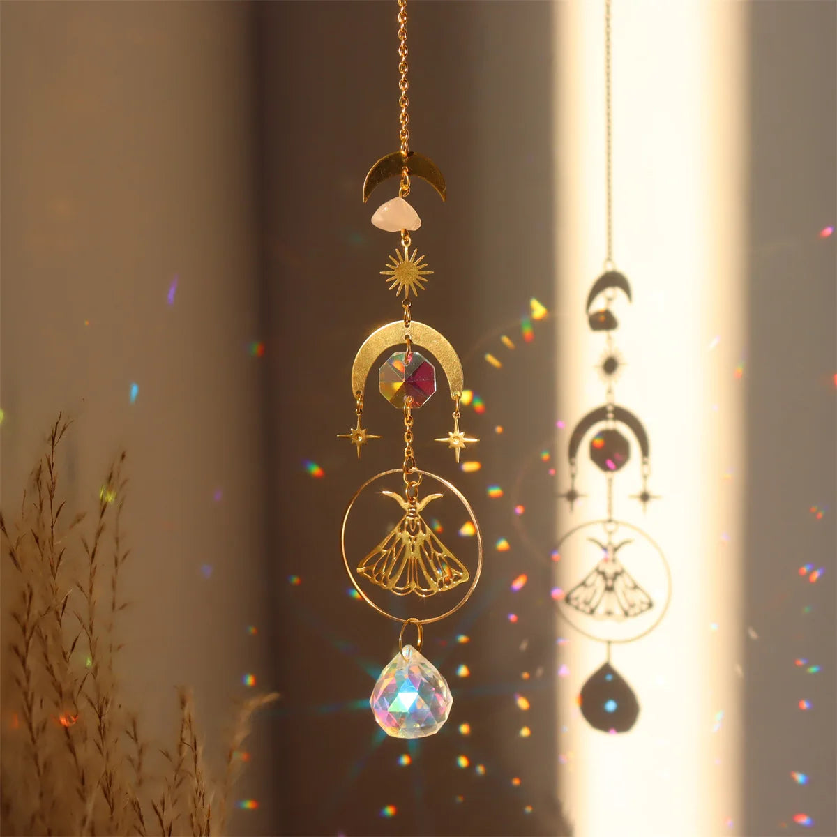 Brass Butterfly Moth Crystal Sun Catcher Pink Crystal Rough Window Room Garden Decor Hanging Ornament New Oasis Select 7