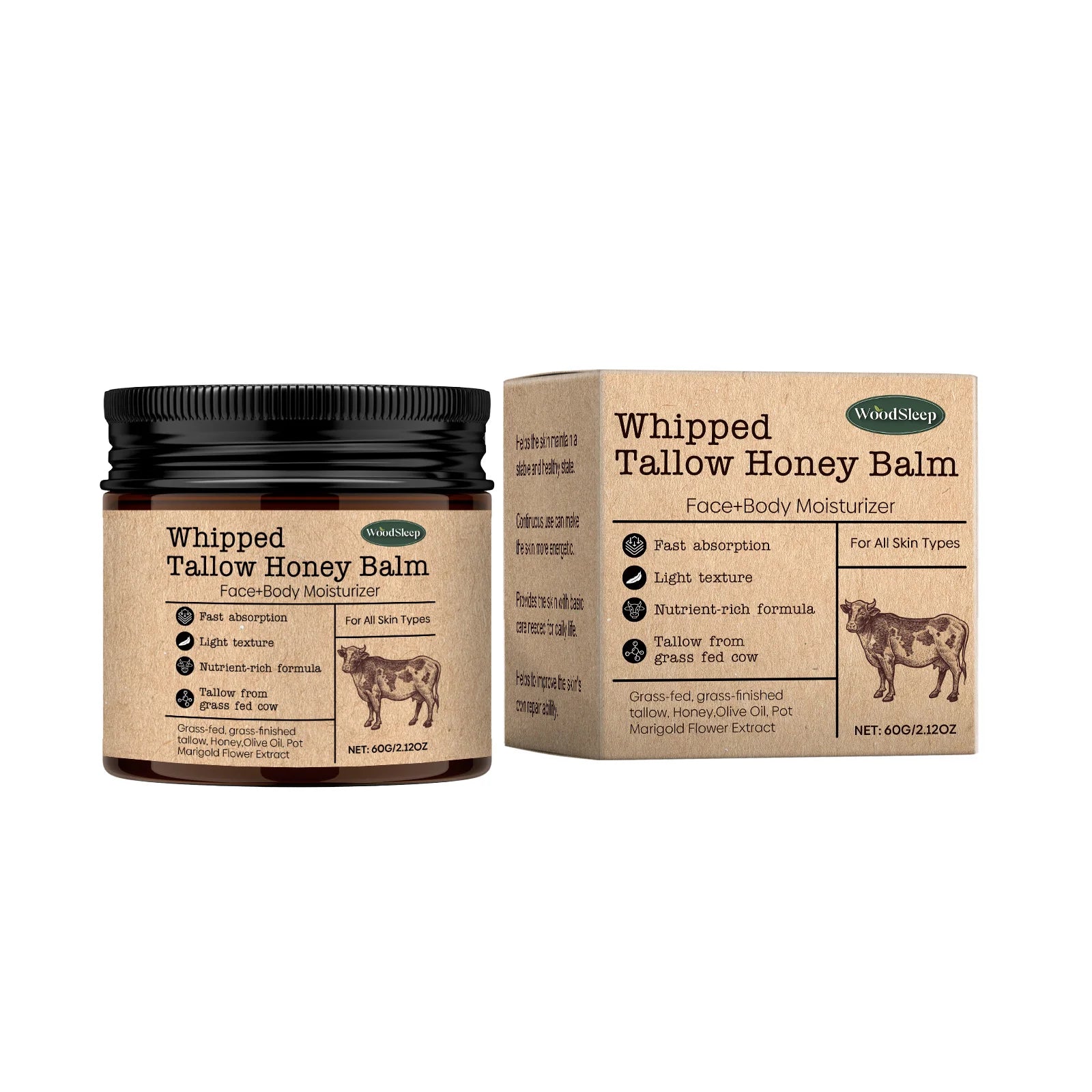 WoodSleep Beef Tallow & Honey Face Body Cream – Deep Moisture Tallow Face Body Cream Oasis Select 60g boxed