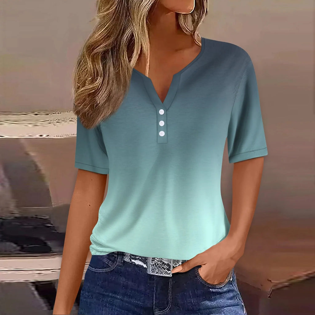 Women Summer Trendy Simple Casual Fashion Button T Shirt V Neck Short Sleeve Solid Loose Pullover Tops Plus Size Ropa De Mujer Oasis Select Cyan S