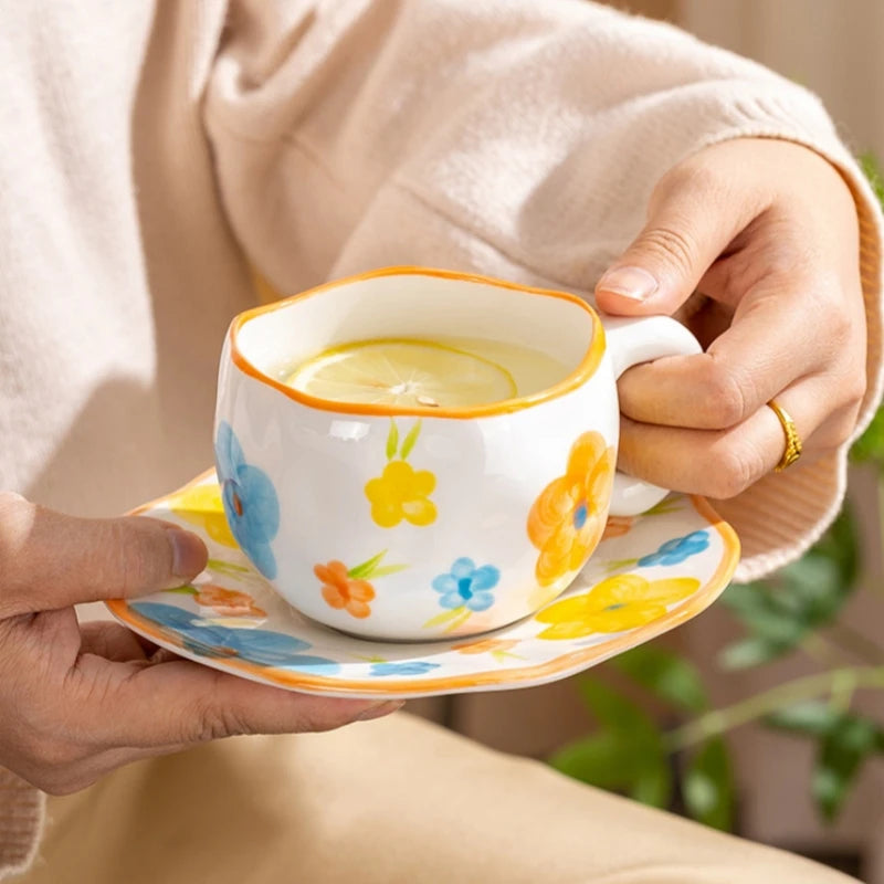 300ML Ceramic Mug Flower Heart Pattern Cute Hand Pinched Irregular Creative Style Coffee Cup Breakfast Milk Afternoon Tea Cups Oasis Select