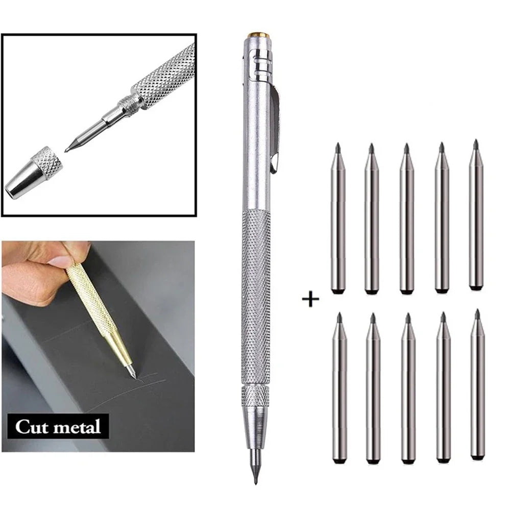 11PCS Alloy Scribe Pen Carbide Scriber Pen Metal Wood Glass Tile Cutting Marker Pencil Metalworking Woodworking Hand Tools Oasis Select 1SET