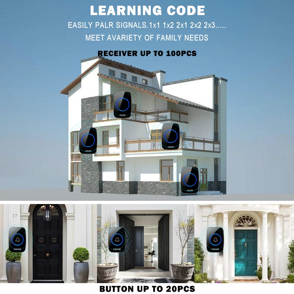 CACAZI New Wireless Doorbell Waterproof 300m Range US EU UK Plug-in Home Intelligent Door Bell Chime 1 2 Button 1 2 3 Receivers Oasis Select
