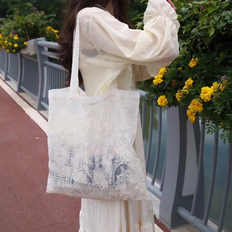 Embroidered Lace Organza Tote Bag – Vintage Handmade Purse