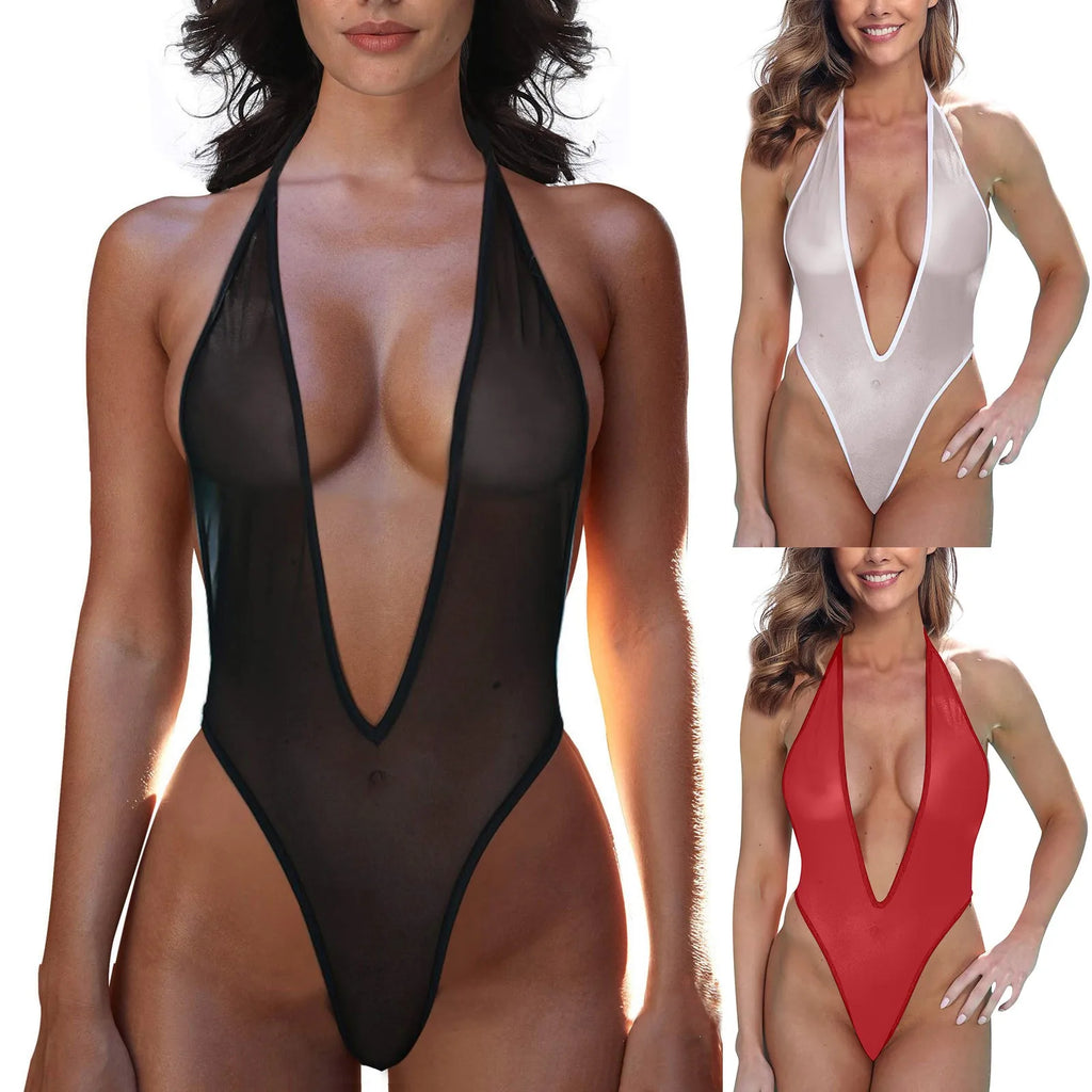 Sexy Woman Deep V Neck Bodysuit High Cut Bikini Jumpsuit One-Piece See-Through Backless Halter Bikini Swimsuit Erotic Lingerie Oasis Select