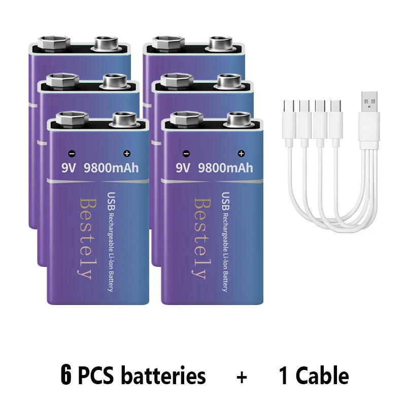 9V Rechargeable Li-ion Battery 9800mAh PP3 6F22 6LR61 006P USB Charging For Smoke Detector Alarm Microphone Toy Oasis Select 6 PCS Batteries
