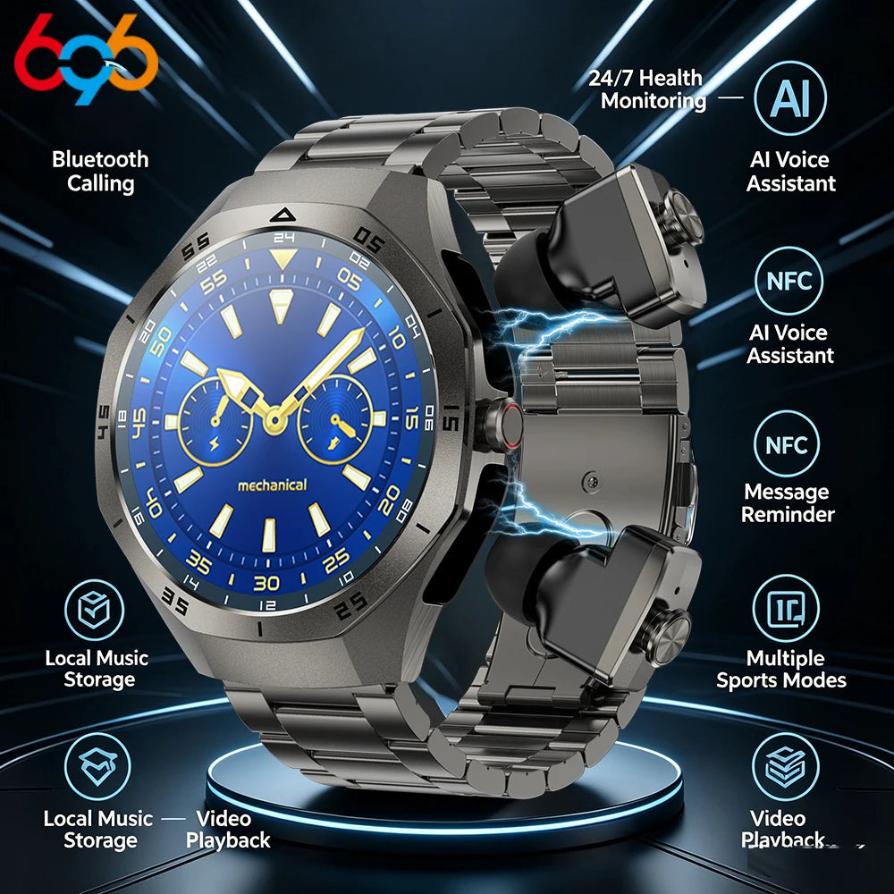 2-in-1 Bluetooth Earphones Smart Watch 24H Health Monitor NFC Men Women Sports Local Music Smartwatch With Built-in Headphones Oasis Select