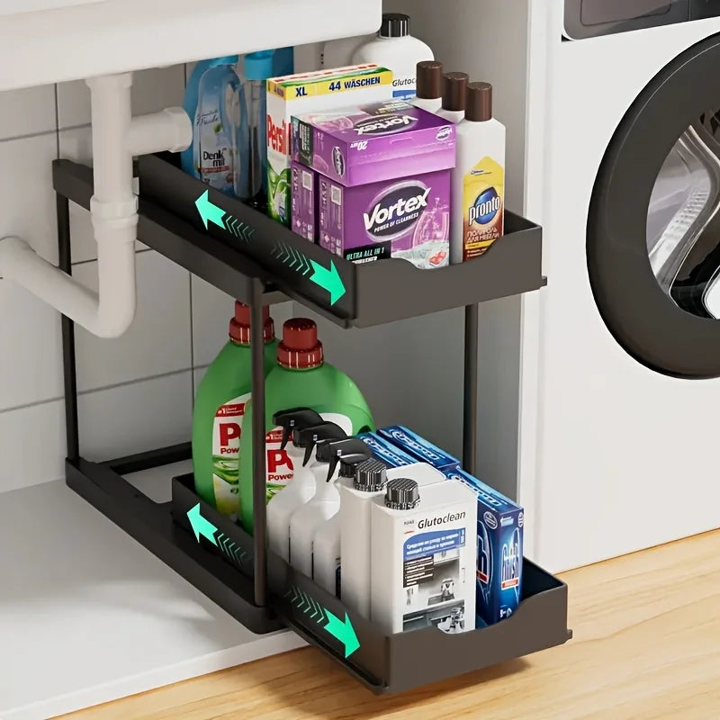 Pull Out Storage Rack 2 Tier,Black/White Under Sink Organizer with Non-Slip Drawers for Kitchen Bathroom Cabinet Bathroom Shelve Oasis Select
