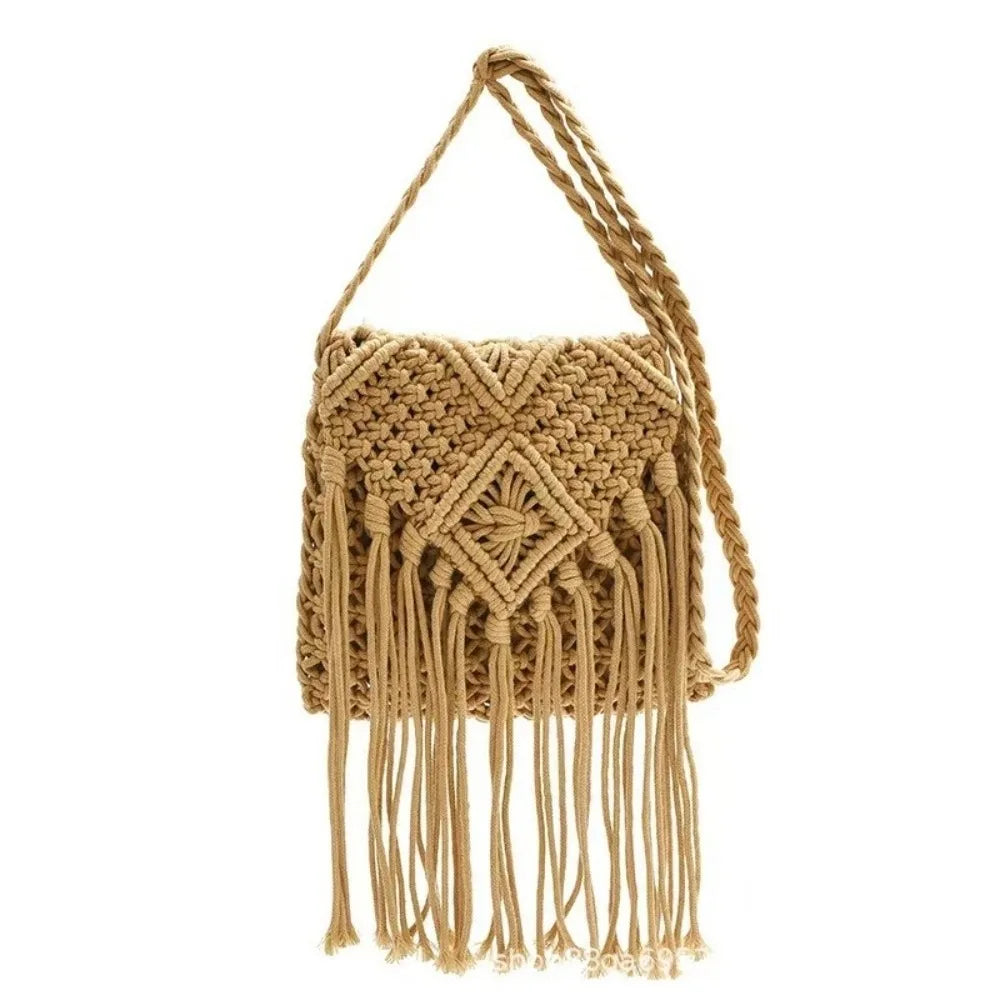 Bohemian Woven Tassel Shoulder Bag | Women's Crossbody Purse Woven Shoulder Bag Oasis Select Khaki