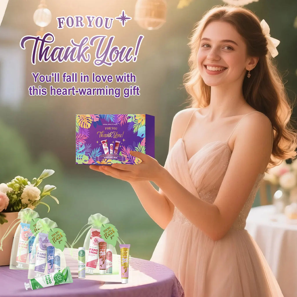 Women's gift set -10 sets/box with hand cream, lipstick, glitter, gift gauze bag, green leaf thank you card combination Oasis Select