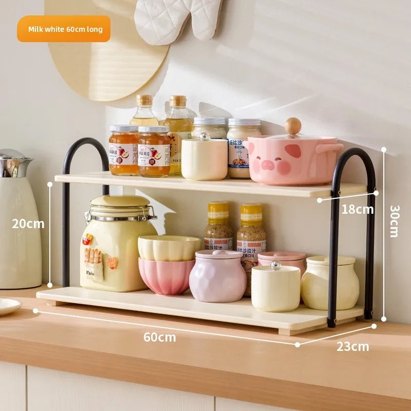 Double-layer kitchen seasoning rack rack household seasoning salt tank multi-functional multi-layer storage rack Oasis Select Milk white 60 long