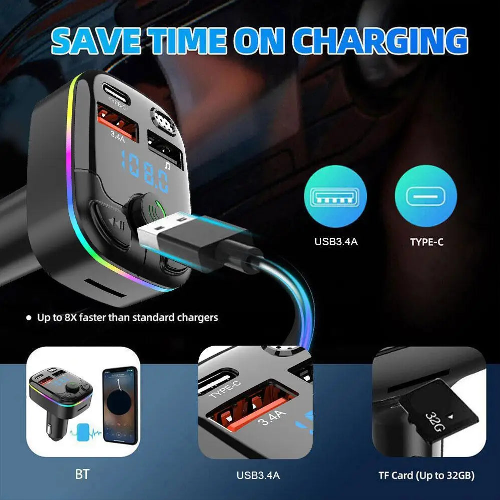 Bluetooth 5.0 FM Transmitter Car Charger – Dual USB & Type-C