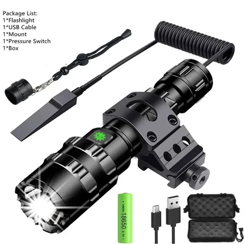 LED Tactical Hunting Flashlight USB Rechargeable Waterproof Torch Lamp Professional Shooting Night Scout Lights Set Oasis Select