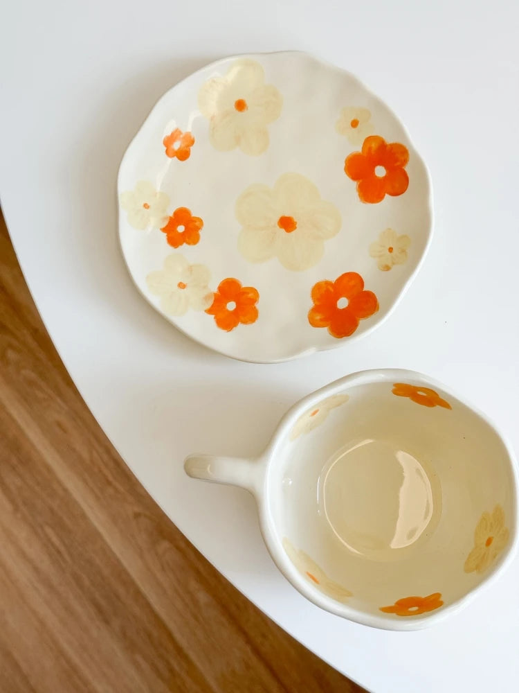 Ceramic Mugs Cute Hand Pinched Irregular Flower Heart Pattern Coffee Cup Ins Style Drinkware Kitchen Breakfast Milk Tea Cups Oasis Select Orange-flower 300ml