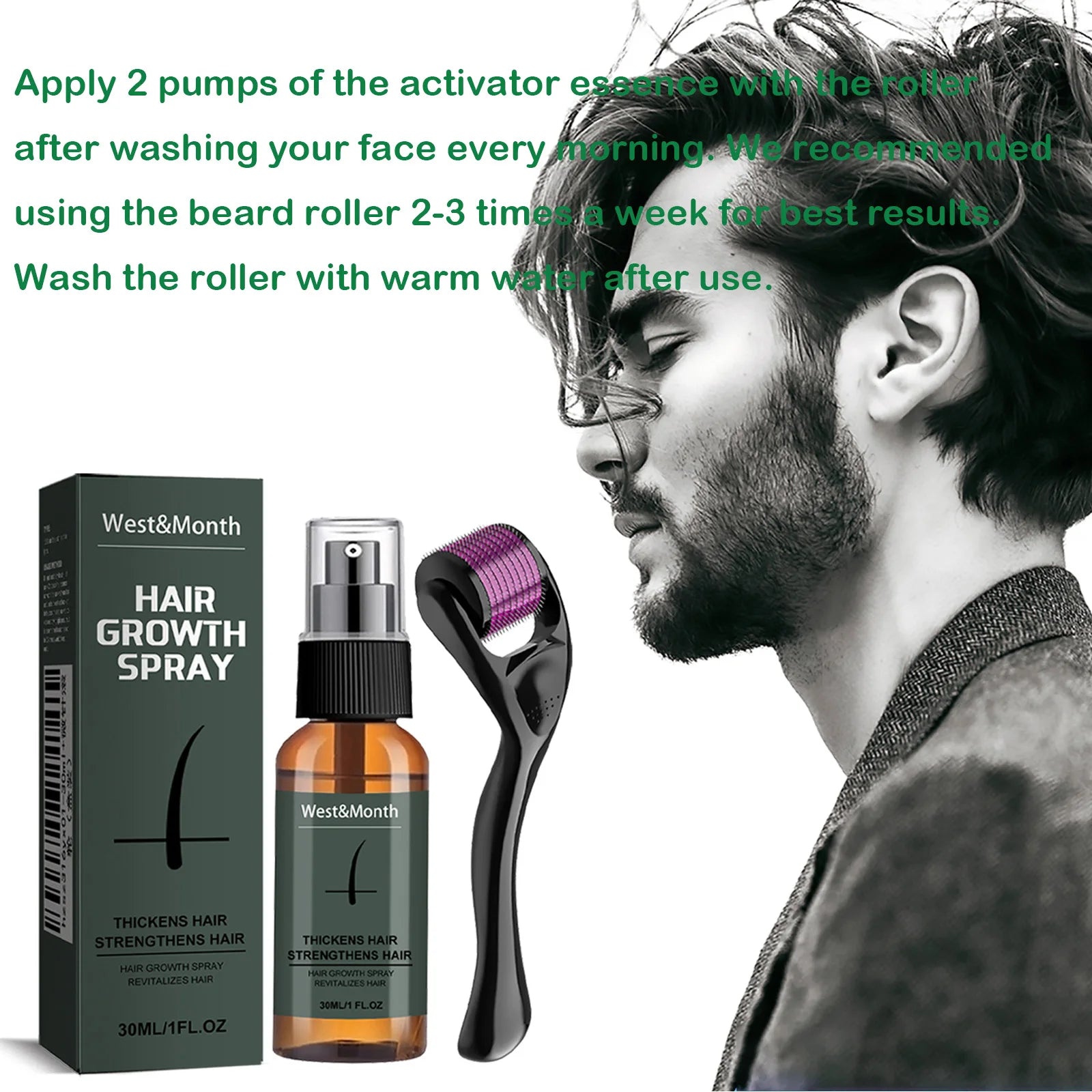 Men's Beard Spray Kit with Micro Roller 0.25mm Moisturizing Thicken Facial Hair Beard Boosting Essence Nourishing Spray Bear Oasis Select