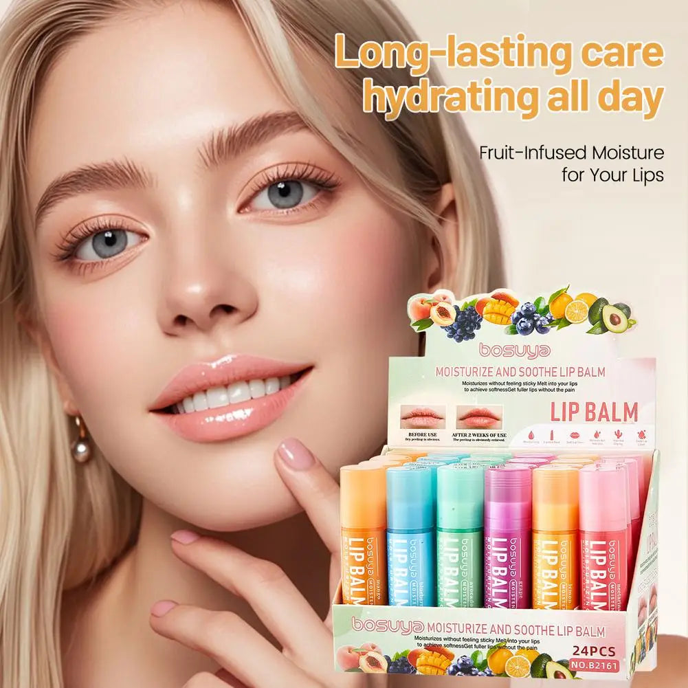 24Pcs Fruit Series Lip Balm Set Honey Grape Avocado Moisturizing Bulk Mini Balm Pack for Dry Cracked Lips Hydrating Lips Care Oasis Select