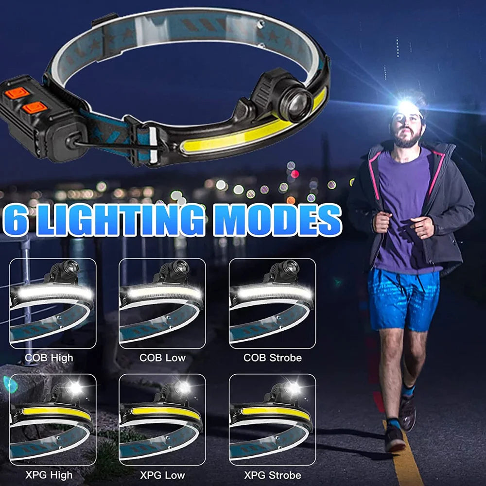 Powerful LED Sensor Headlamp USB Rechargeable Head Flashlight with 2000Mah Built in Battery Outdoor Camping Fishing Head Lantern Oasis Select