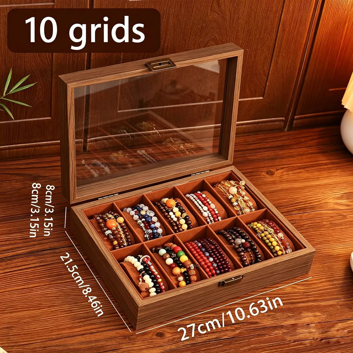 1pc wooden bracelet multi slot jewelry storage box velvet lined bead bracelet display cabinet suitable for family collection Oasis Select Brown-10grids