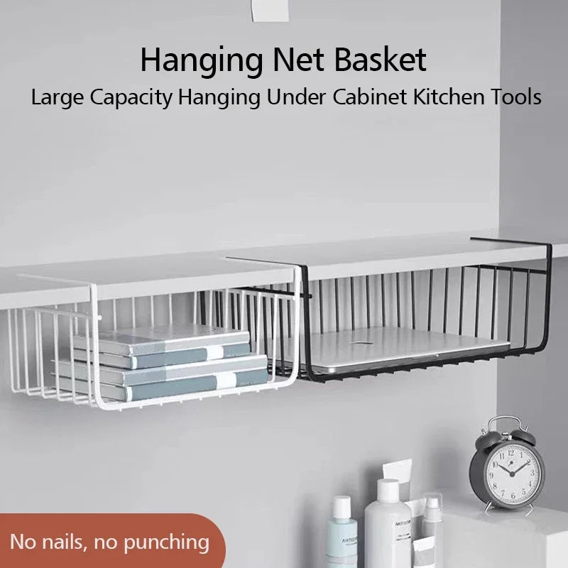 1pcs Portable Metal Iron Kitchen Shelf Under Table Hanging Net Basket Multifunctional Book Storage Rack Home Offices Organizer Oasis Select