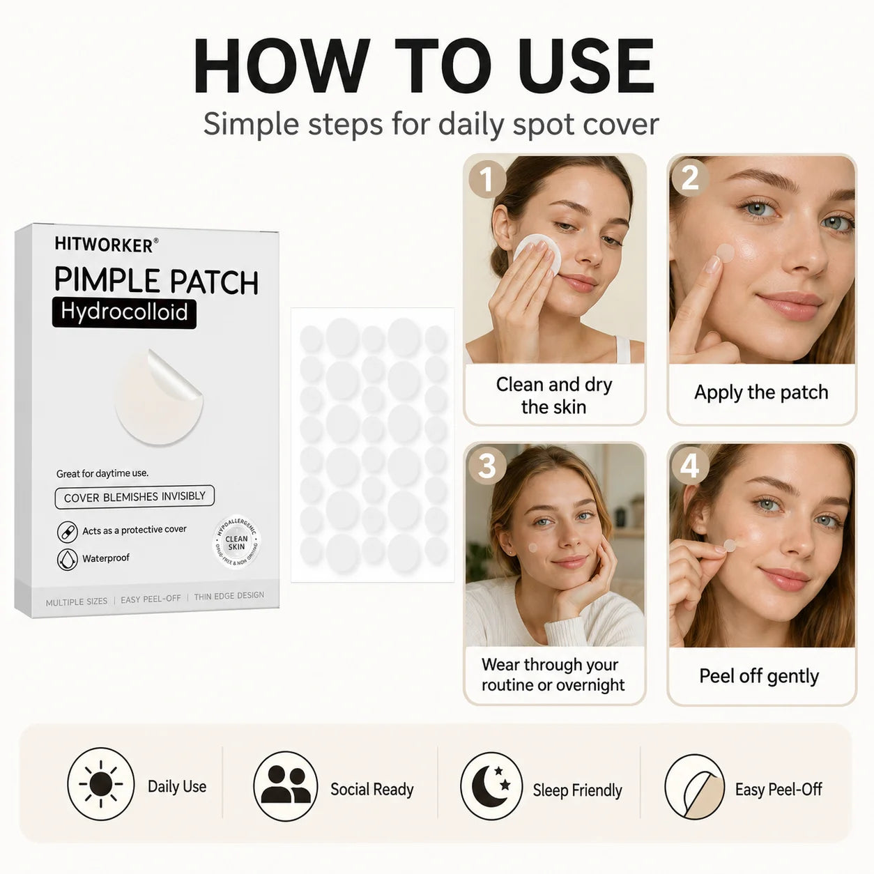 HITWORKER Hydrocolloid Pimple Patch Invisible Spot Cover, Mixed Sizes, Thin Edge, Easy Peel-Off, Waterproof for Day & Night Uses Oasis Select