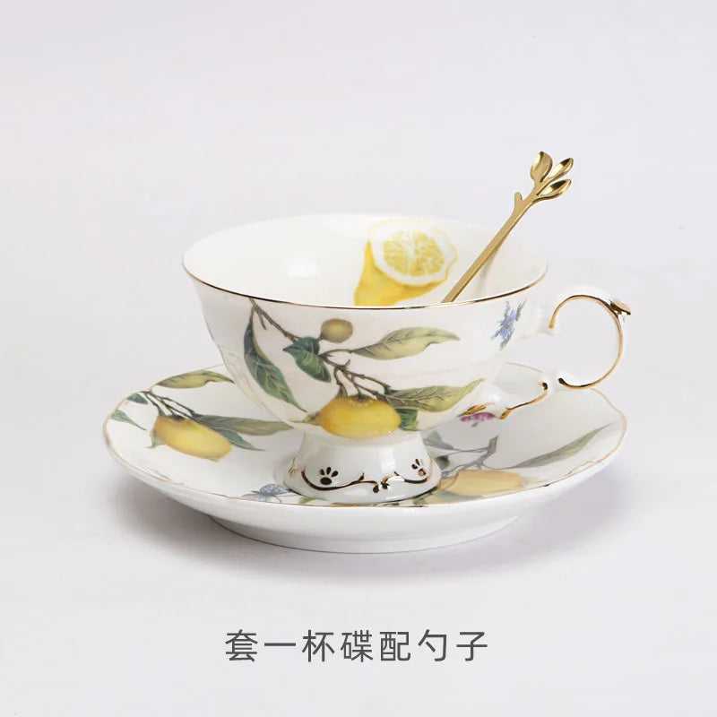 European Lemon Pattern Ceramic Dinner Steak Plate Bowl Fruit Candy Dim Sum Western Cuisine Plate Dishes Home Breakfast Plate Oasis Select 250ML-Vine-cup set