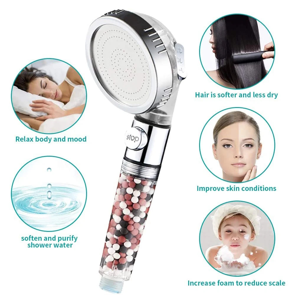New Premier Bathroom 3-Function SPA Shower Head with Switch Stop Button high Pressure Anion Filter Bath Head Water Saving Shower Oasis Select