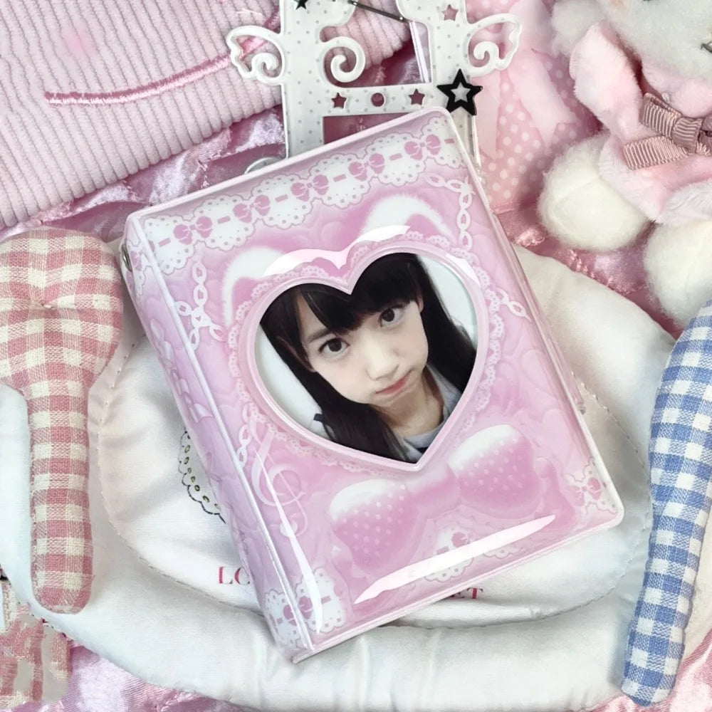 Pink Love Bow Card Album PVC 3 Inch Mini Idol Card Collect Book Collectible Card Album with 16 Internal Pages Photocard Binder Oasis Select 3