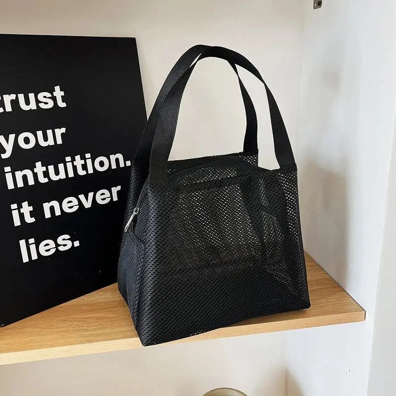 New Large Capacity Mesh Bag with handle Travel Toiltery Makeup Bag Portable Beach Bag Cosmetic Zipper Pouch Oasis Select Black