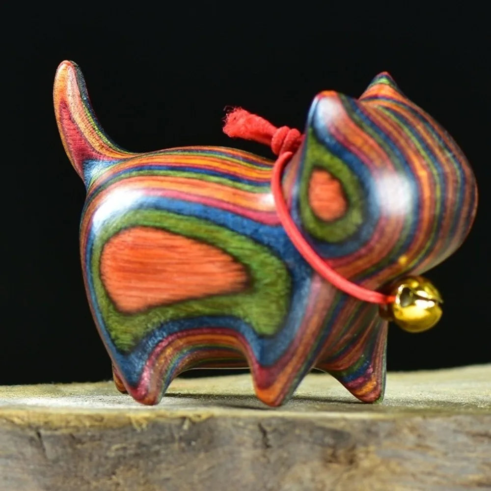 Handmade Wooden Cat Figurine with Bell | Natural Wood Decor Wood Cat Figurine Oasis Select Colorful With Bell