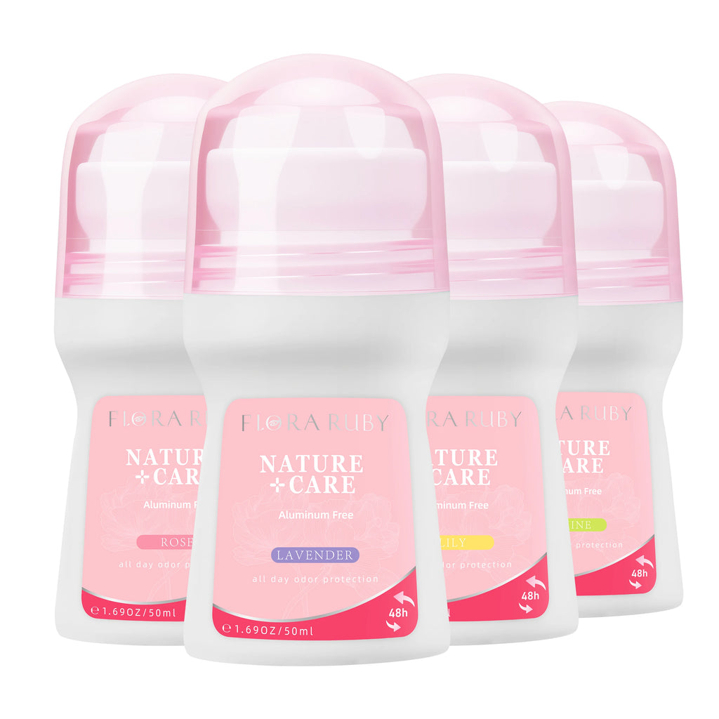 Flora Ruby Light Pink Series Deodorant Roll On Women All-Purpose Deodorant Roll Aluminum Free Easy to Carry Oasis Select Set-4PCS