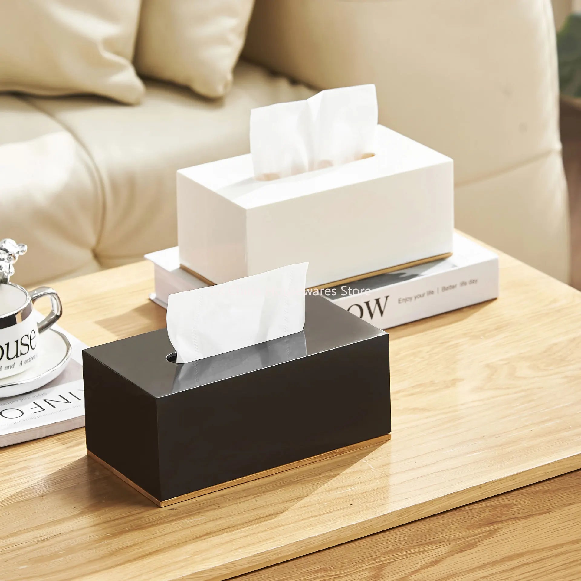 Stylish Plastic Tissue Box with Bamboo Base Desktop Organizer for Living Room Home Office Coffee Table Bathroom Use Oasis Select