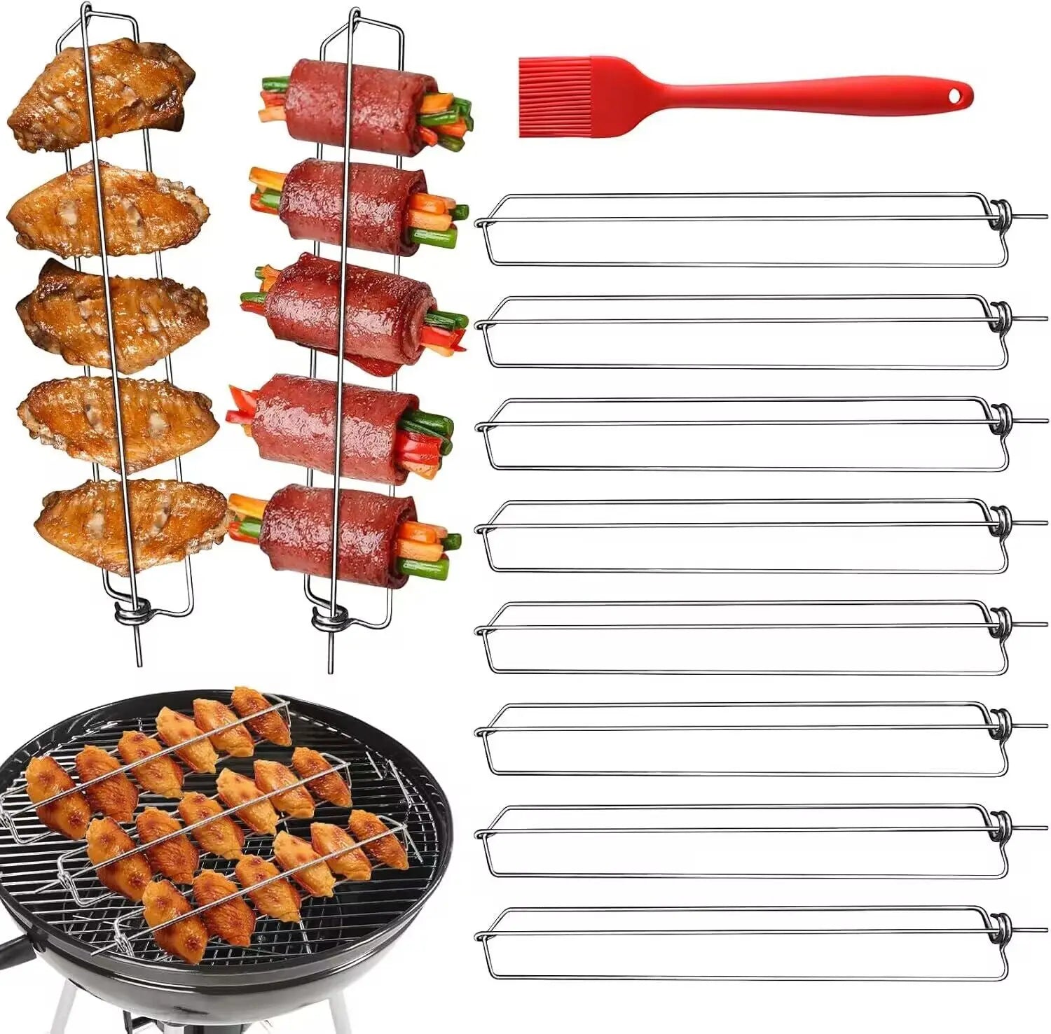 8 PCS Chicken Wing Grill Rails + Red Silicone Brush – Stainless Steel Clamping Set for Even Cooking, Outdoor Barbecue & Picnic Oasis Select