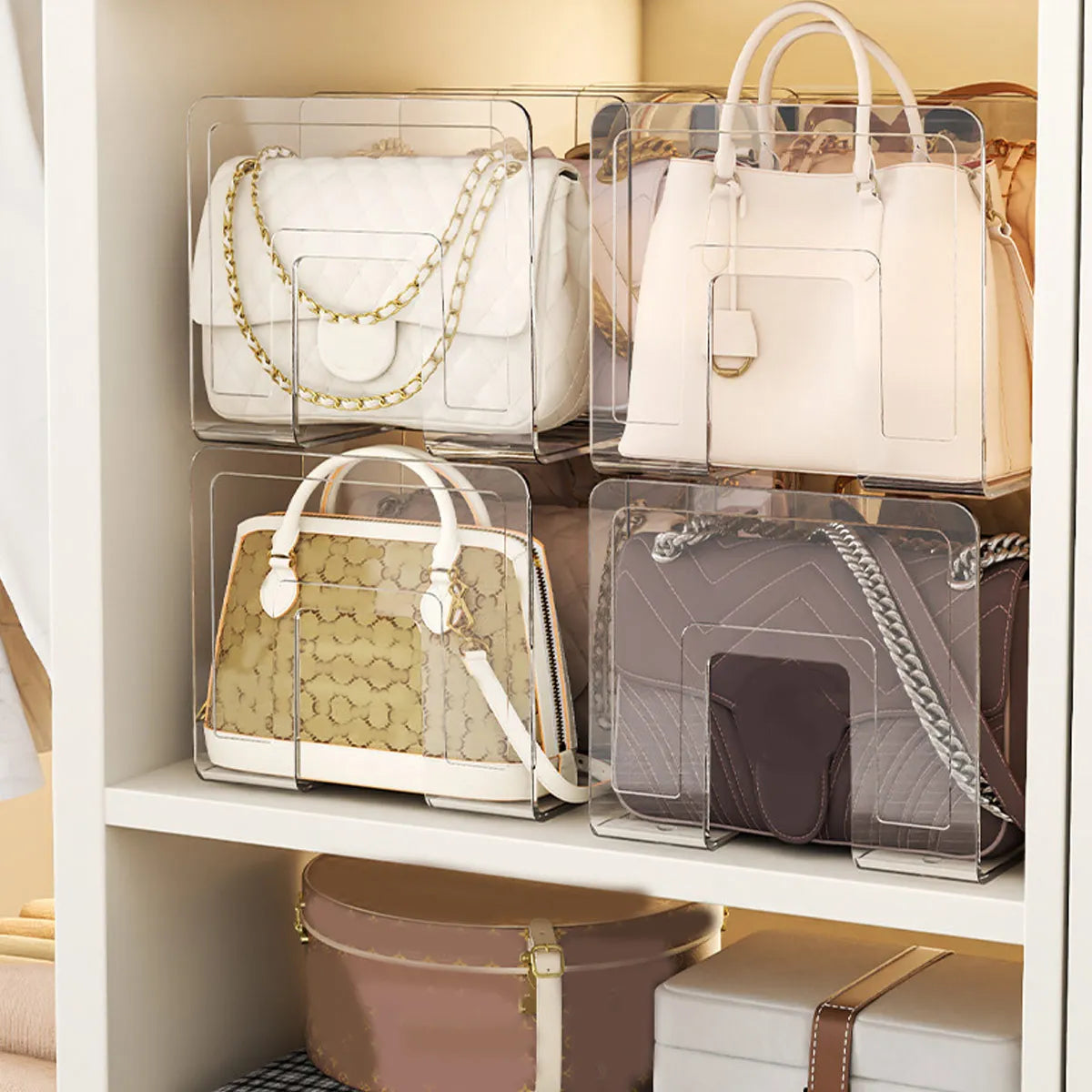 Handbag storage rack Organizer 4 Slots Transparent Closet Purse Storage rack Acrylic wardrobe Bag storage holder Purse Display Oasis Select