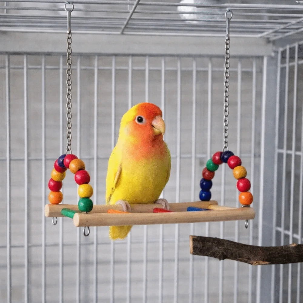 Wooden Parrot Swing Perch Stand with Colorful Beads | Bird Cage