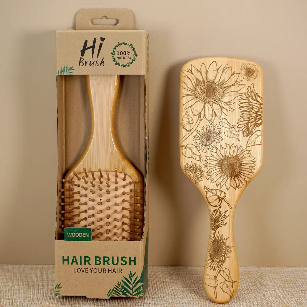 1pc Natural Bamboo Square Comb with Sunflower Print - Anti-Static Hairdressing Comb for Bridal Party Gifts/Daily Care Oasis Select 887-4bxrk-HZ3