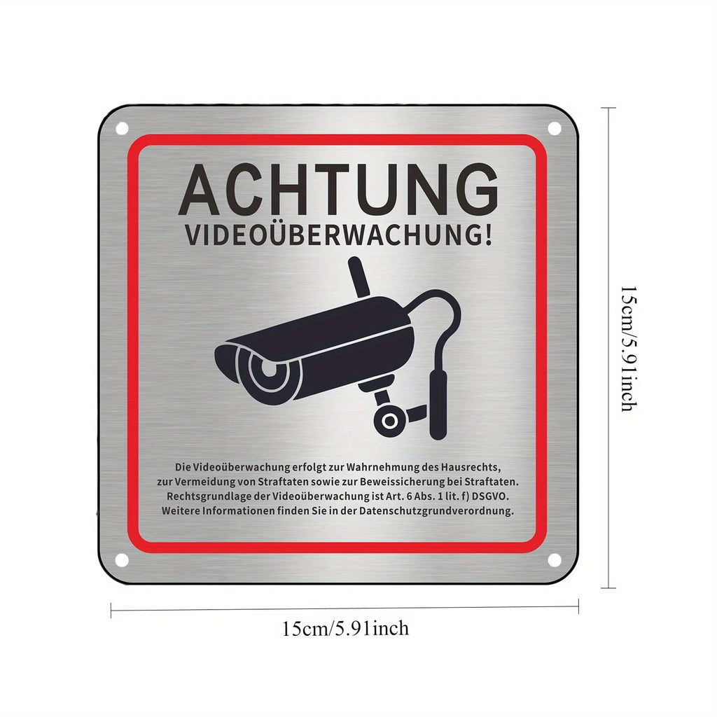 Aluminum Alloy Wall-Mounted Surveillance Camera Signage - German Text & Symbols - Metal Security System Plaque Oasis Select