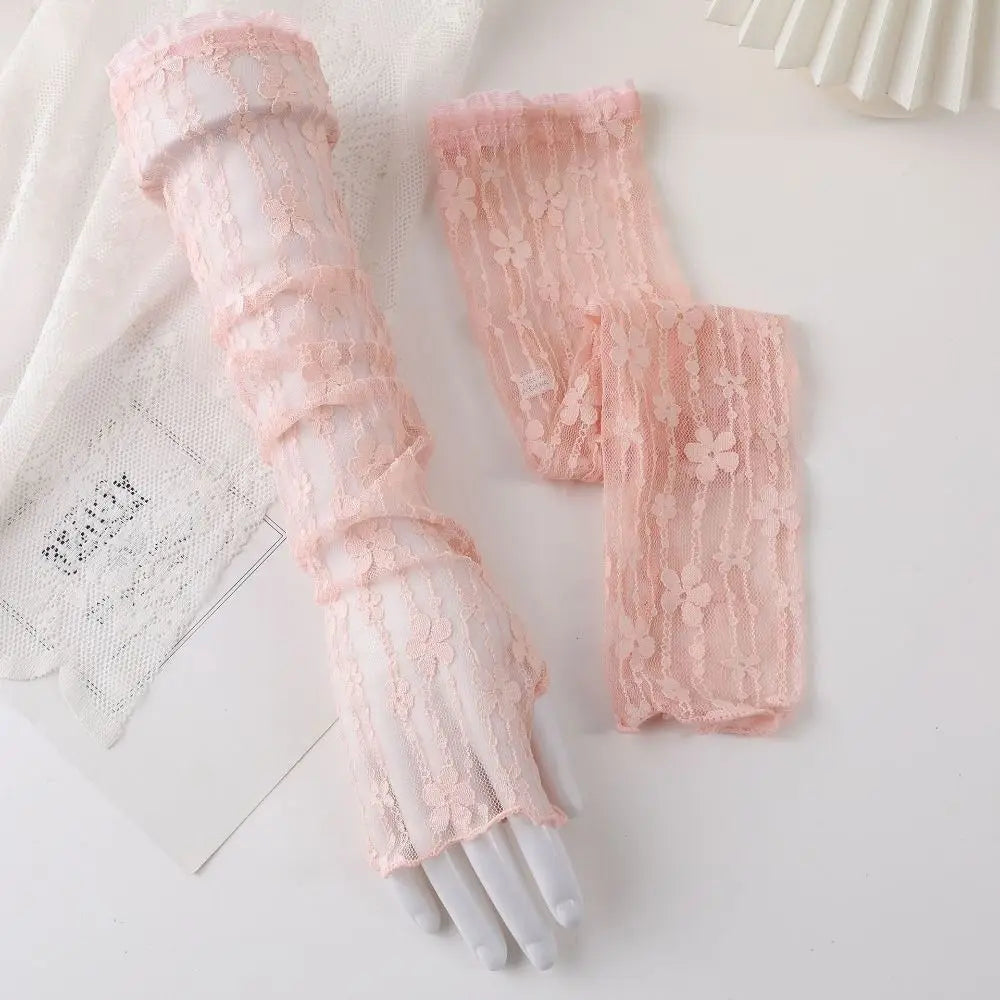 Summer Outdoor Breathable Sunscreen Sleeves Lace Mesh Ultra Thin Lace Arm Sleeves UV Protection Fingerless Long Gloves Girls Oasis Select Pink
