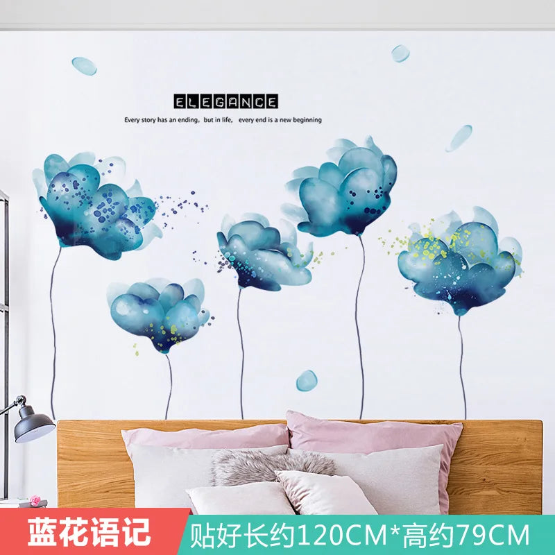 Ink Smudge Light Blue Mountain Background Wall Decoration Stickers Bedroom Bedside Chinese Artistic Conception Wall Stickers Oasis Select 1