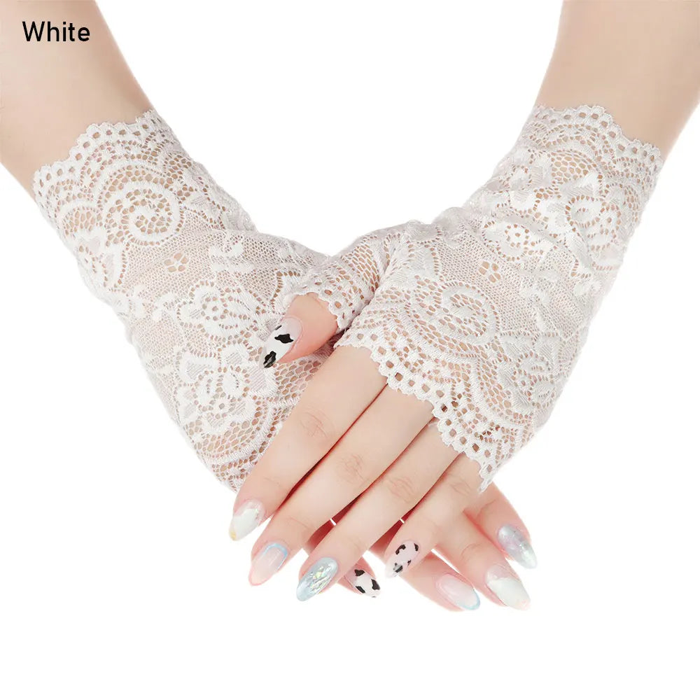 Women Sunscreen Dance Driving Gloves Lace Gloves Short Gloves Fingerless Mittens Oasis Select white