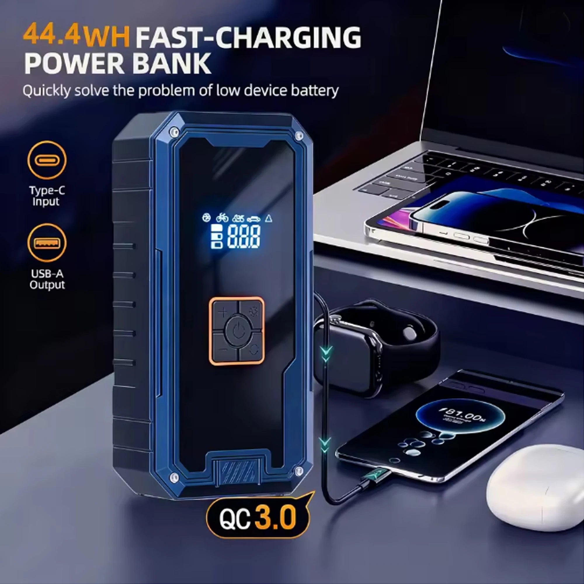 Portable Car Jump Starter with Air Compressor,3000A 99800mAh Portable Jump Box,Power Bank & Jump Cables for 9L Gas and 8L Diesel Oasis Select